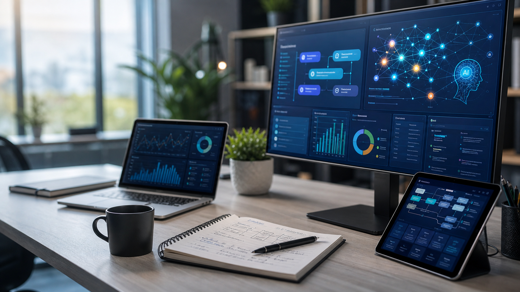 Technology insights workspace with AI and data planning screens