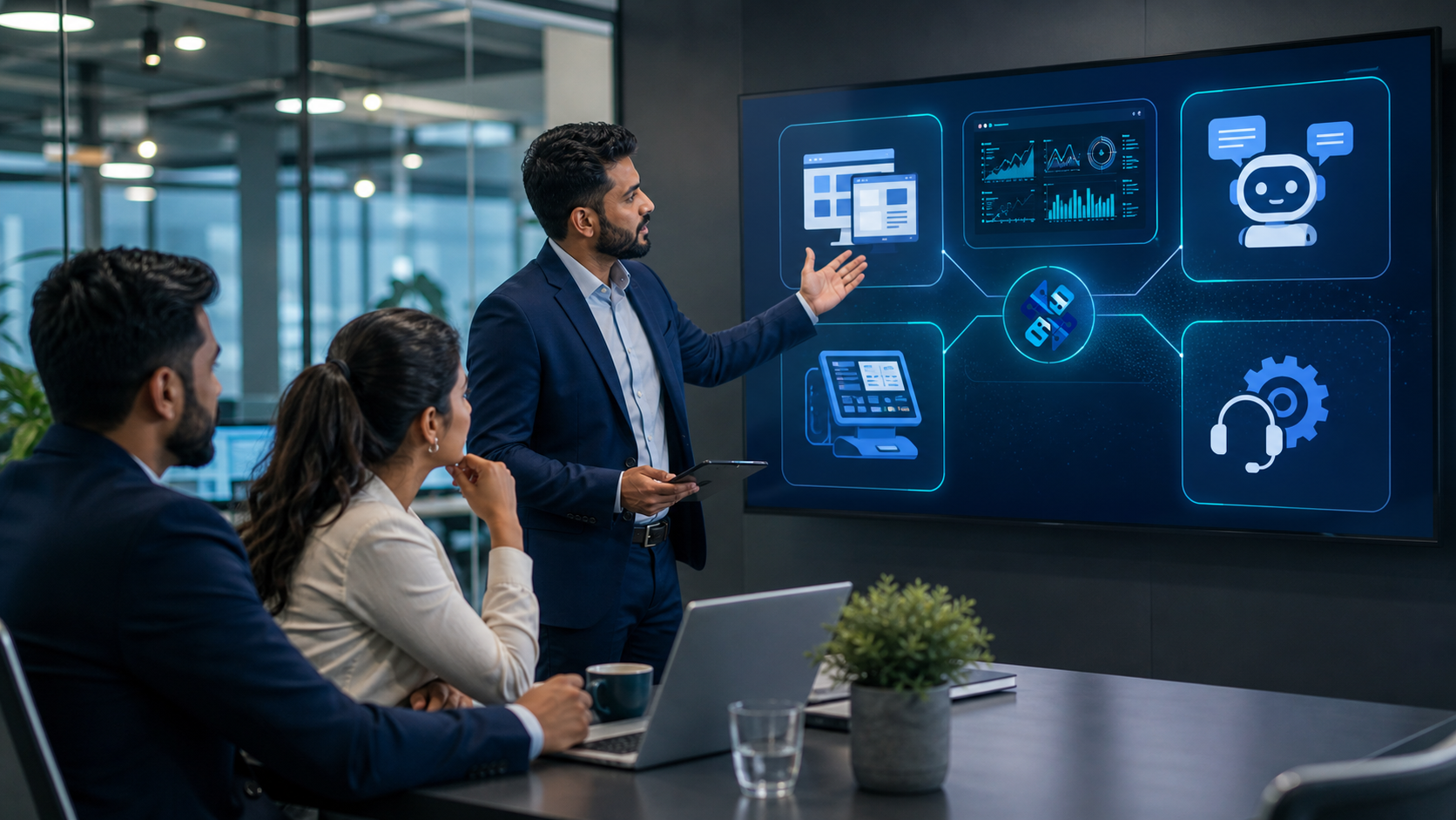 Business technology roadmap with websites, automation, dashboards, and support systems