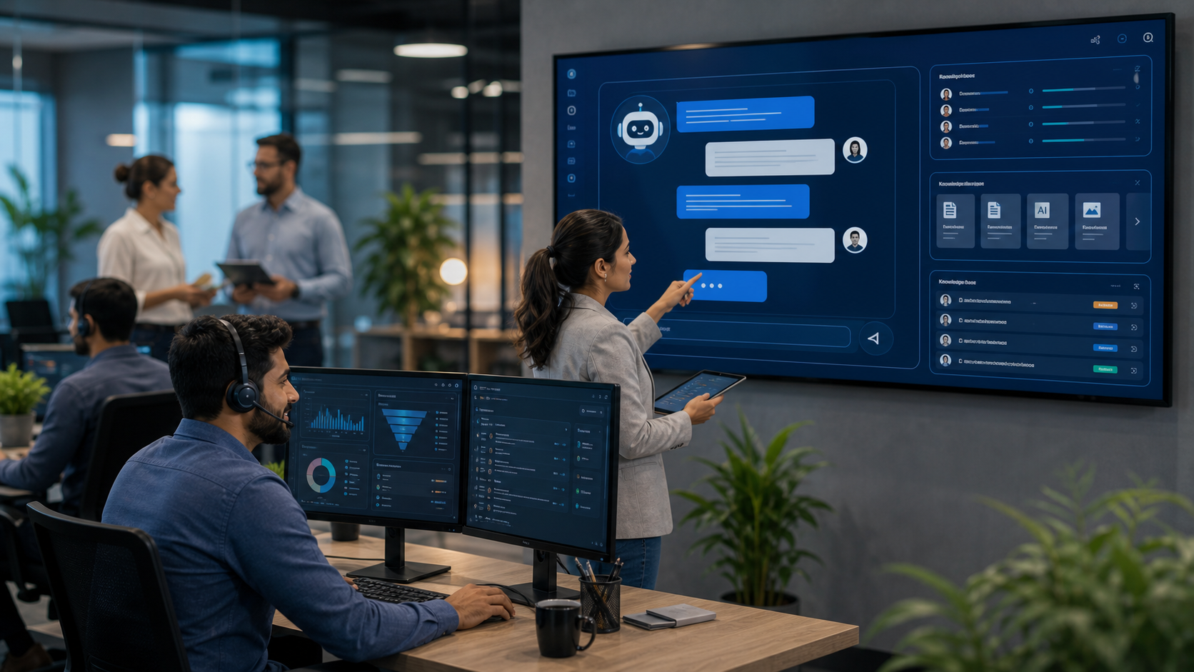 AI chatbot support workspace with knowledge base, lead capture, and escalation dashboard