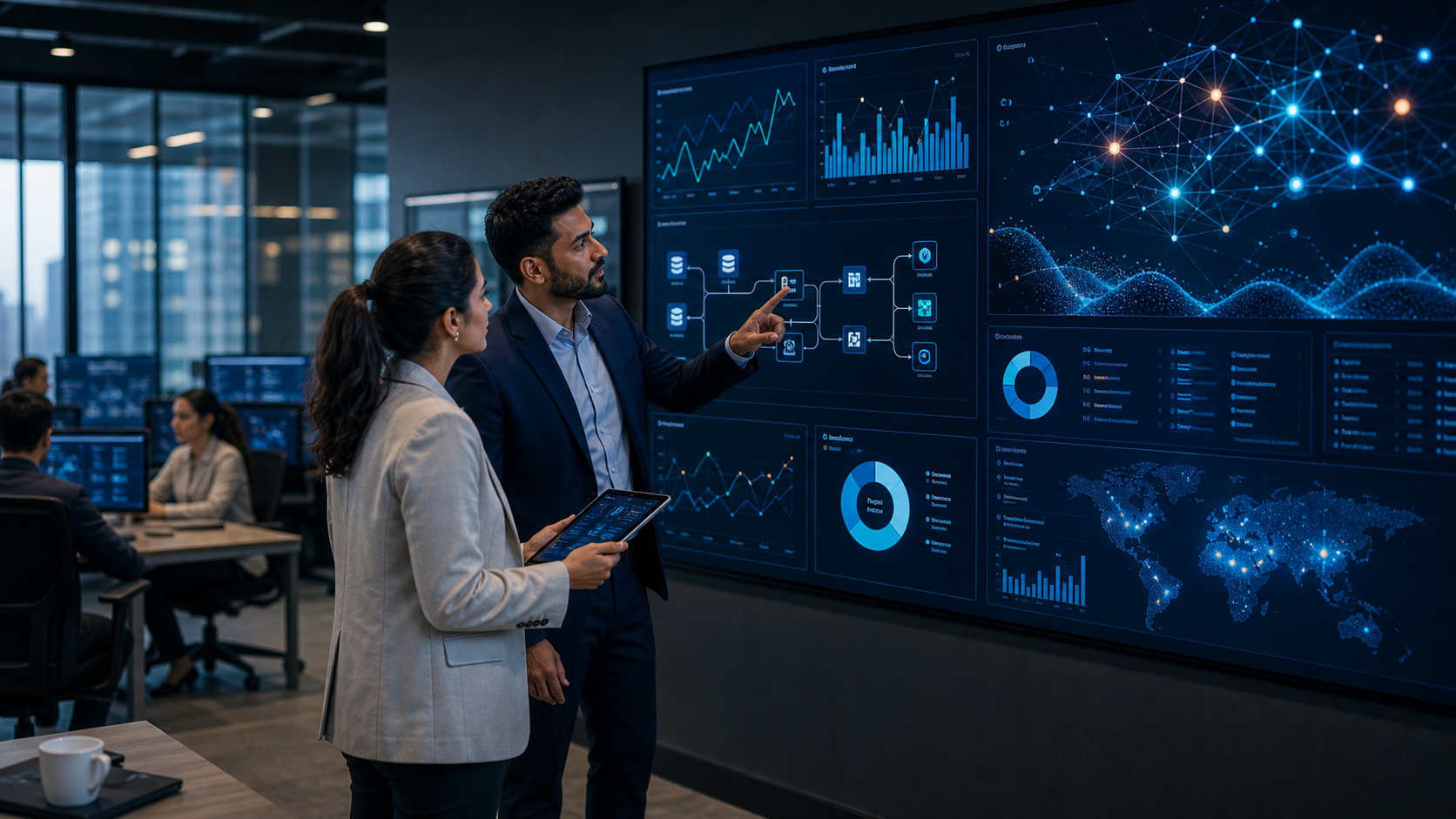 AI and data analytics command center with dashboards and knowledge graph screens