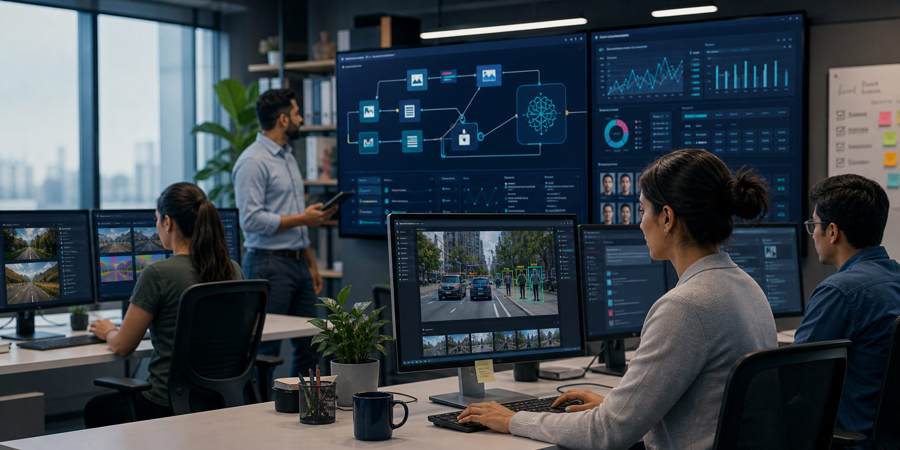 AI annotation and human review workspace with labeled data and model evaluation dashboards