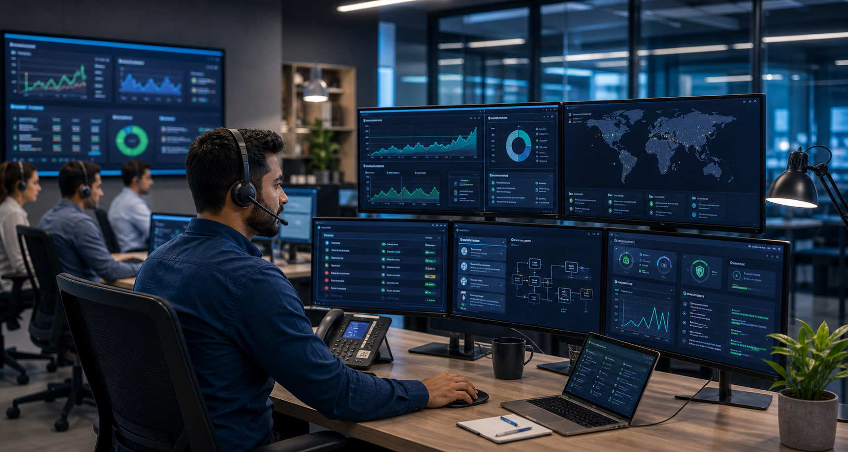 IT maintenance and support operations desk with monitoring dashboards and ticket triage
