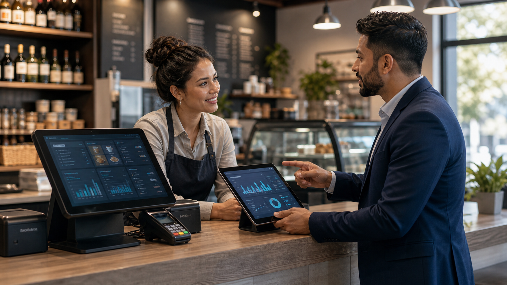 POS consulting scene with checkout terminal, analytics tablet, and local business owner