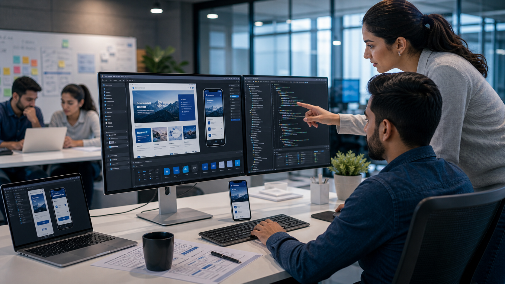Web and app development workspace with design, code, and responsive interface screens